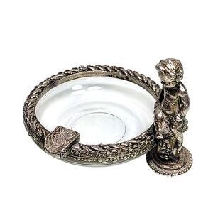 Vintage Art Deco Ashtray Pewter Metal Cherub & Glass Bowl Tobacciania Tobacco